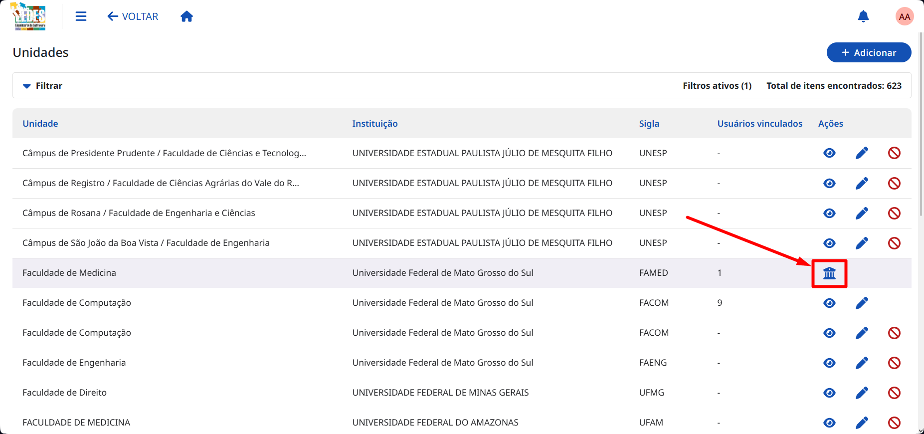 Acessando a tela de vinculação de unidade sugerida. Botão de vincular unidade sugerida destacado.