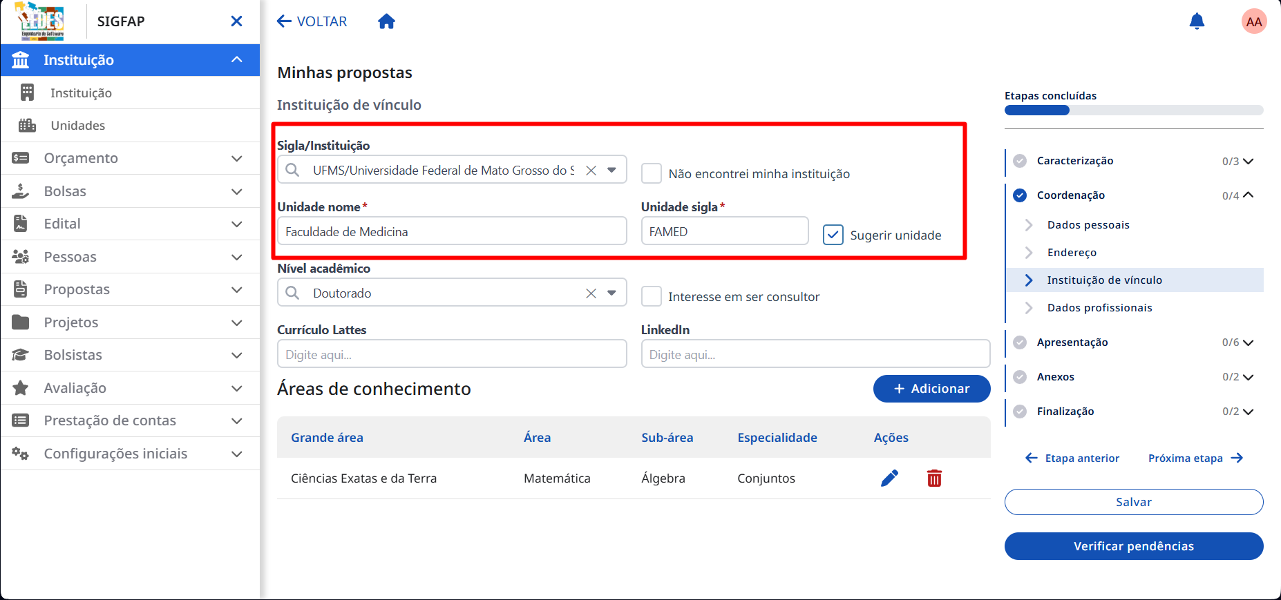 Campo nome unidade sugerida Botão para sugerir uma nova unidade.