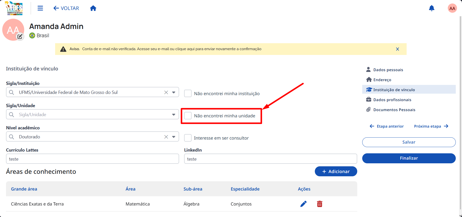 Selecionando a opção de sugerir uma nova unidade. Botão para sugerir uma nova unidade.