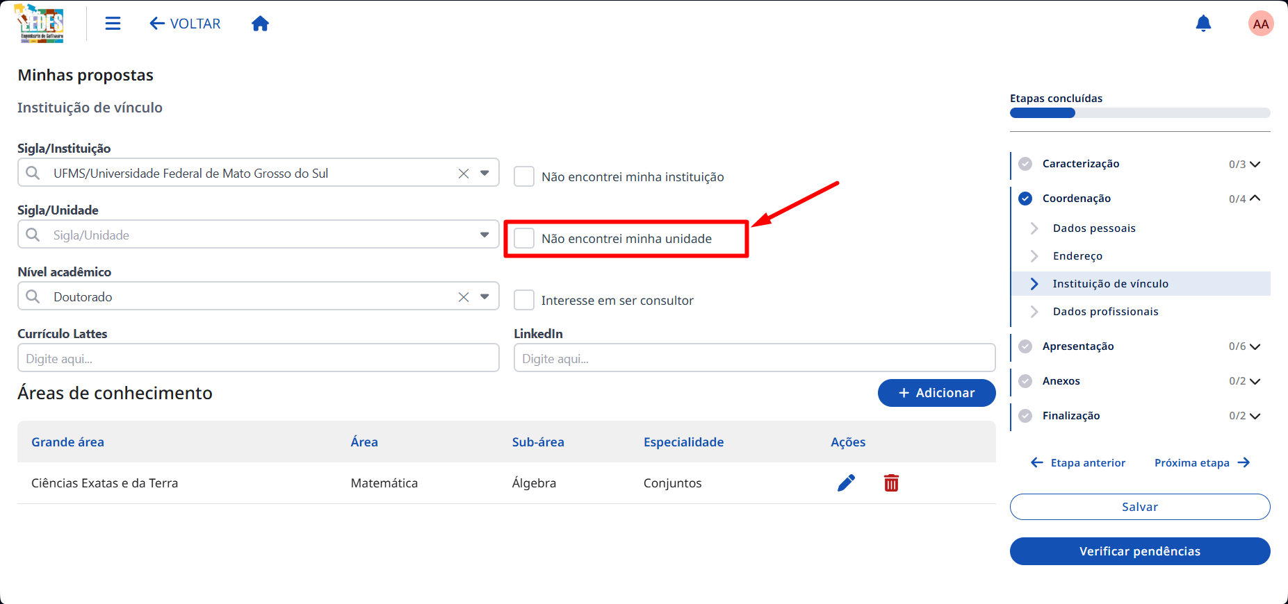 Selecionando a opção de sugerir uma nova unidade. Botão para sugerir uma nova unidade.
