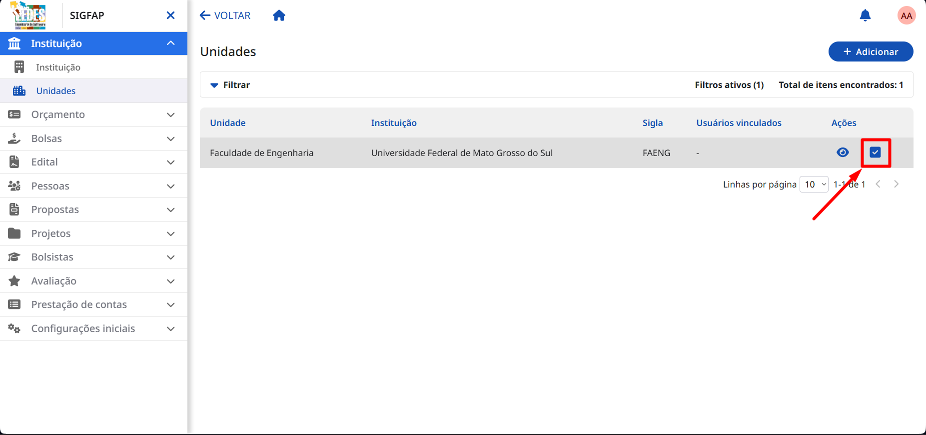 Selecionando a opção para reativar. Ícone de *check* para reativar a unidade.