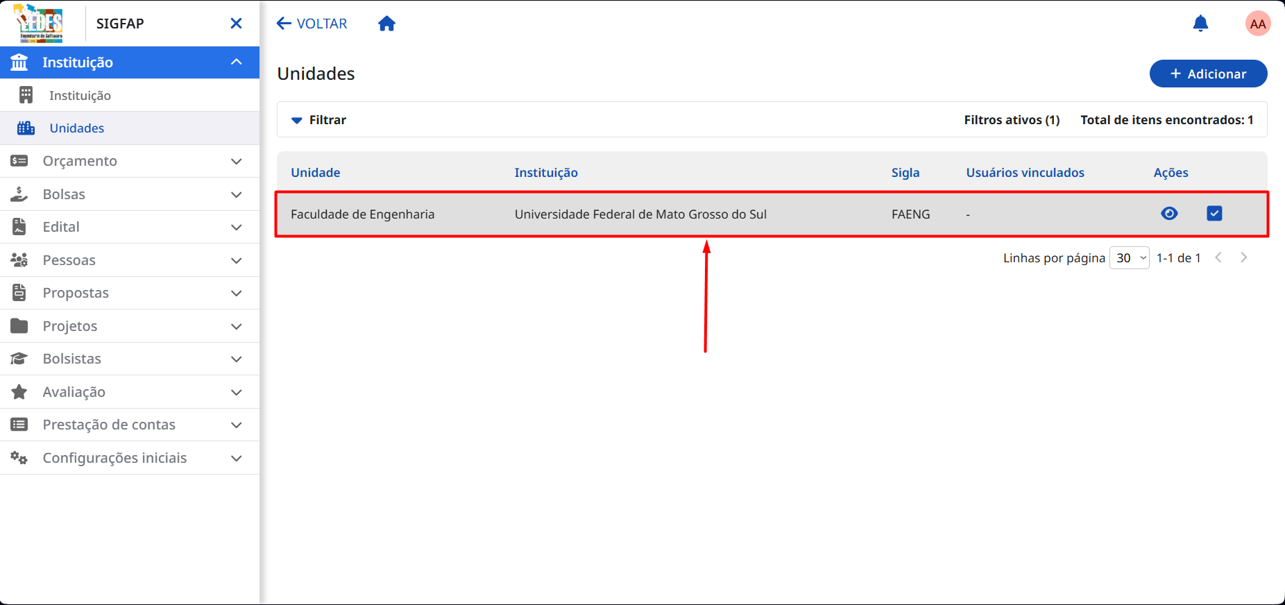 Unidade desativada na lista. Tela com a unidade desativada na lista.