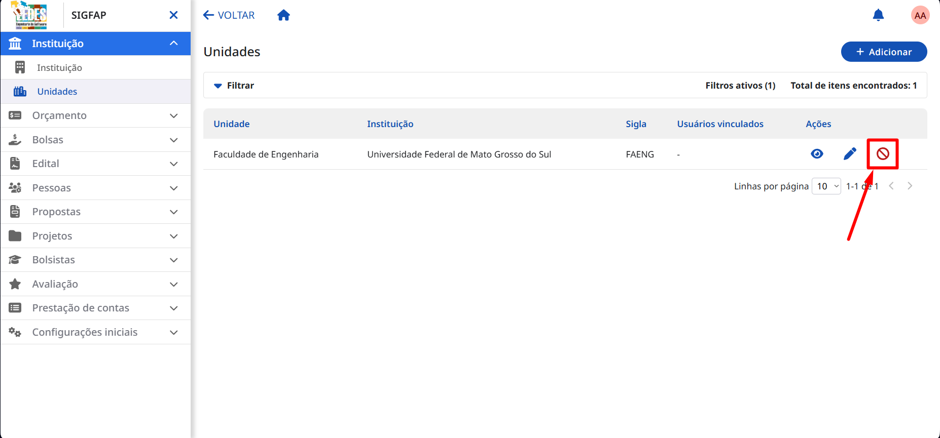 Selecionando a opção para desativar. Ícone de bloqueio para desativar a unidade.