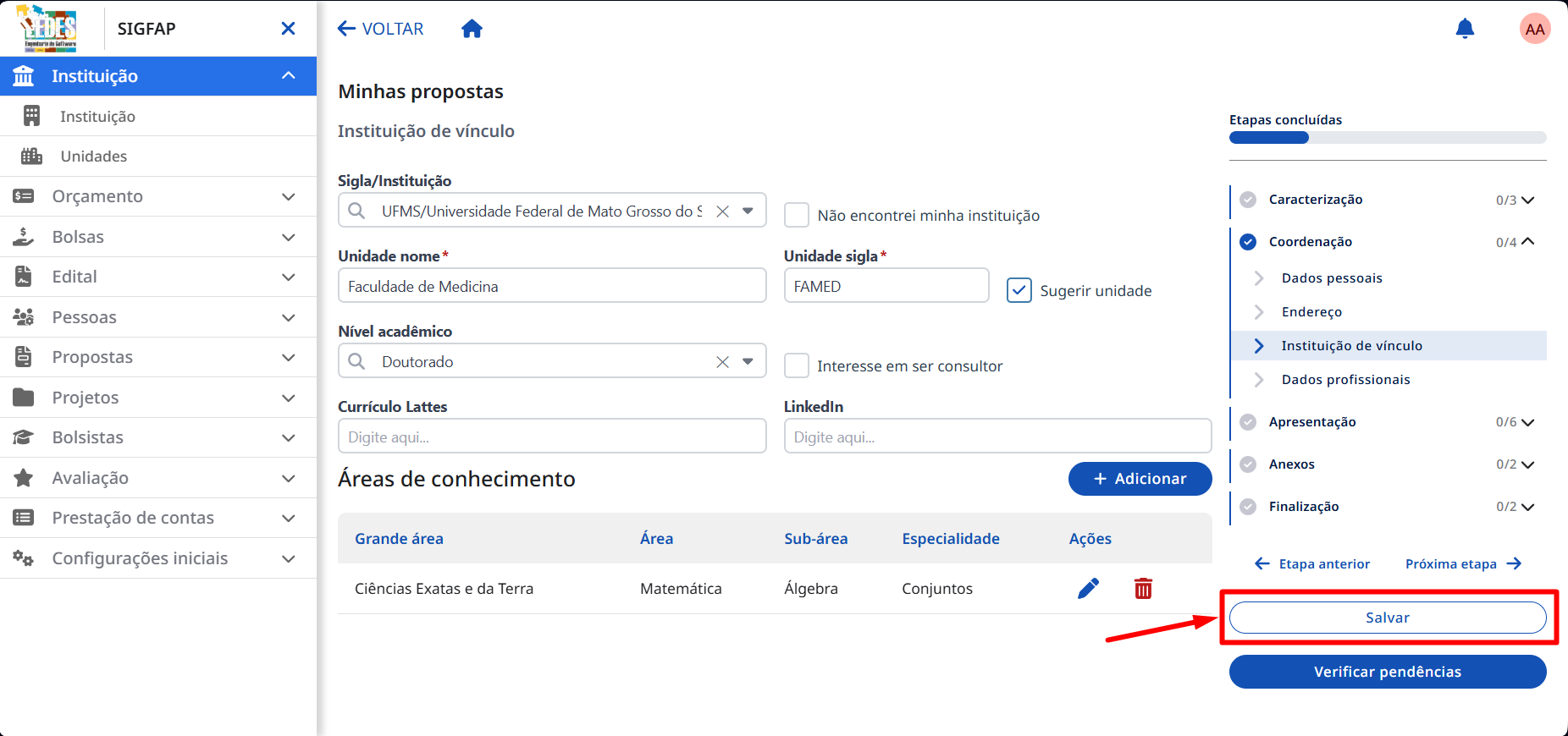 Campo nome unidade sugerida Botão para sugerir uma nova unidade.