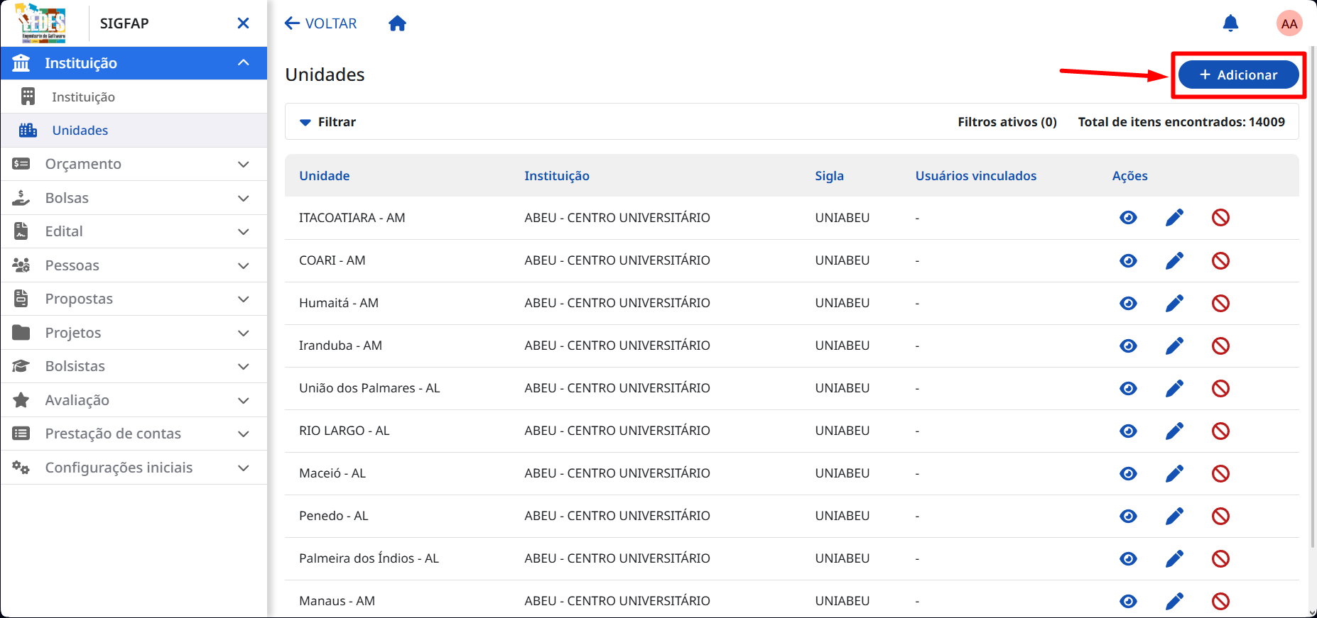 Selecionando a opção para adicionar uma nova unidade. Botão para adicionar uma nova unidade.