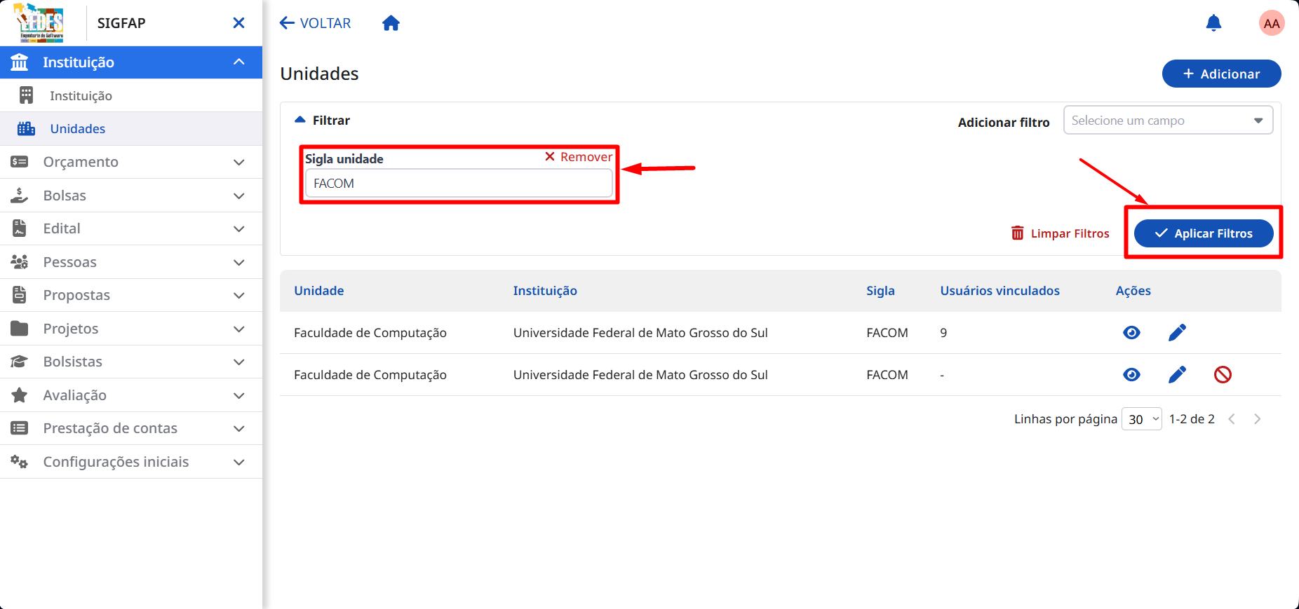 Aplicando os filtros na listagem de unidades. Aplicando os filtros na listagem.