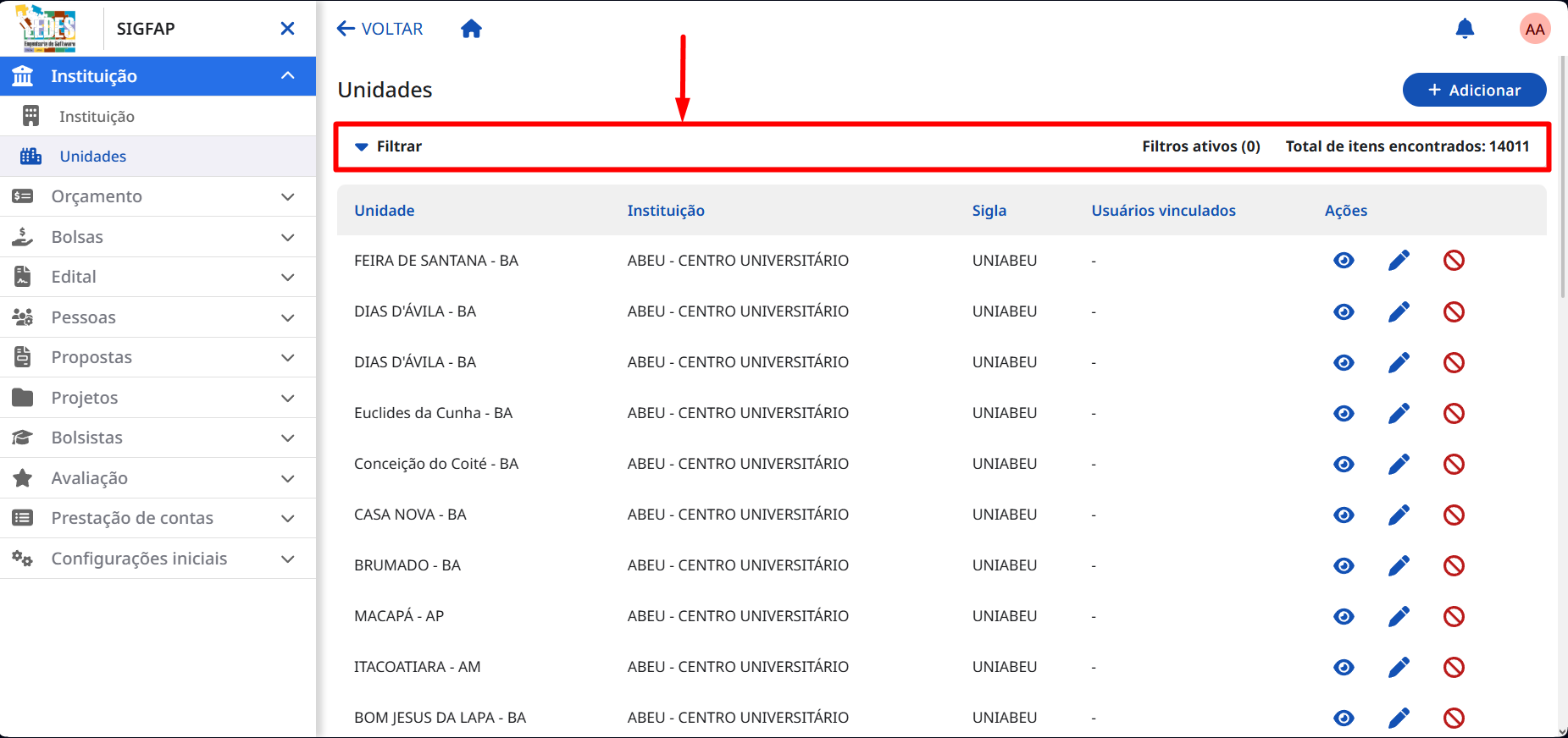 Selecionando a opção Filtrar na listagem de unidades. Clicando no botão Filtrar.